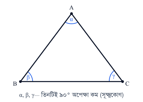 ABC সূক্ষ্মকোণী ত্রিভুজ যেখানে তিনটি কোণই ৯০ ডিগ্রির কম দেখানো হয়েছে